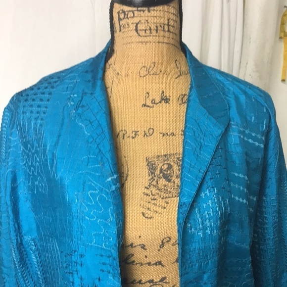 Chico’s Women’s Silk Teal Jacket Open Front Decorative Stitching Size M - Picture 3 of 13